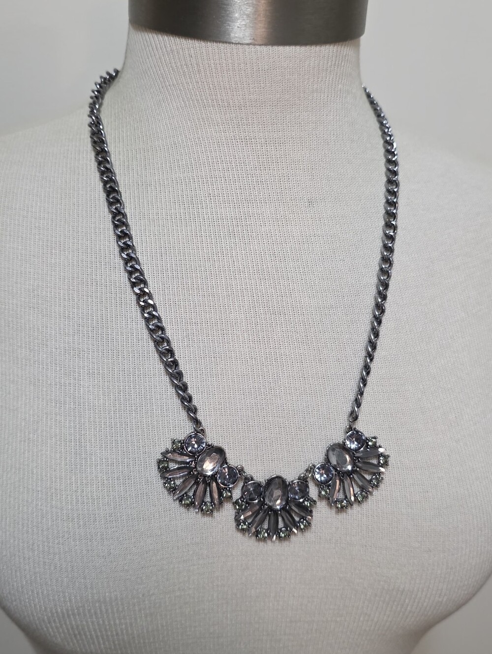 Silvertone Grey Crystal Statement Necklace 24"